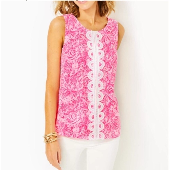 Lilly Pulitzer FOLA SLEEVELESS TOP PINK BLOSSOM FOXY LLAMA - Picture 2 of 15